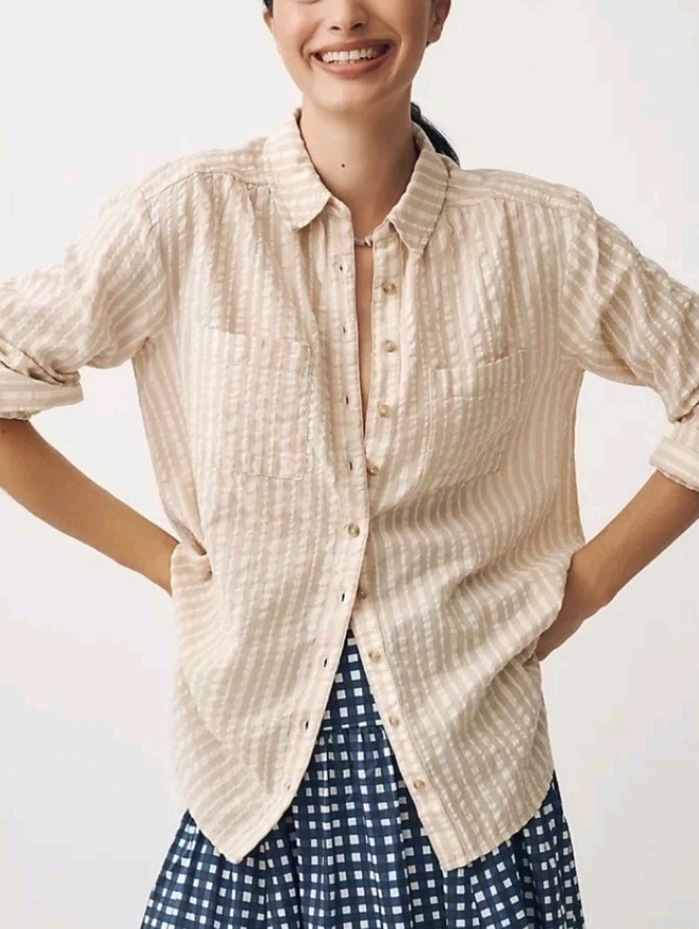Anthropologie × Pilcro The Hadley Relaxed Buttondown Shirt Striped Tan White XS